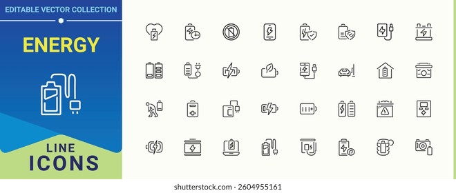 Energy icon set. Includes symbols for power, charge, electrical, charger, batterie and more. Battery icon collection. Collection of simple line web icons. Vector illustration in modern line style.