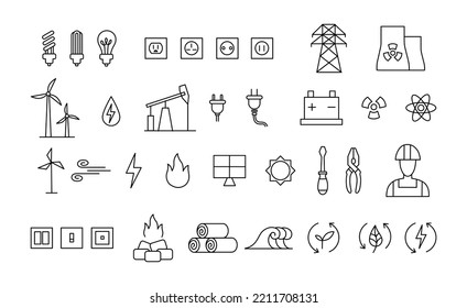 Juego de iconos de energía, iconos de línea mínima. Todo tipo de recursos energéticos