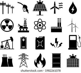 Energy icon set, energy production, oil, solar battery, thermal power plant logo isolated on white background