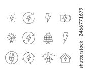 Energy icon set. Simple outline style. Electric, power, save, solar panel, battery, light, charge, wind turbine, green energy concept. Thin line symbol. Vector illustration isolated.