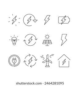 Energy icon set. Simple outline style. Electric, power, save, solar panel, battery, light, charge, wind turbine, green energy concept. Thin line symbol. Vector illustration isolated.