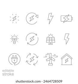 Energy icon set. Simple outline style. Electric, power, save, solar panel, battery, light, charge, wind turbine, green energy concept. Thin line symbol. Vector illustration isolated. Editable stroke.