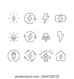 Energy icon set. Simple outline style. Electric, power, save, solar panel, battery, light, charge, wind turbine, green energy concept. Thin line symbol. Vector illustration isolated.