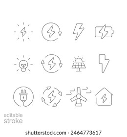 Energy icon set. Simple outline style. Electric, power, save, solar panel, battery, light, charge, wind turbine, green energy concept. Thin line symbol. Vector illustration isolated. Editable stroke.