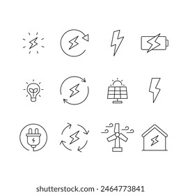 Energy icon set. Simple outline style. Electric, power, save, solar panel, battery, light, charge, wind turbine, green energy concept. Thin line symbol. Vector illustration isolated.