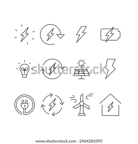 Energy icon set. Simple outline style. Electric, power, save, solar panel, battery, light, charge, wind turbine, green energy concept. Thin line symbol. Vector illustration isolated.
