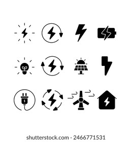 Energy icon set. Simple solid style. Electric, power, save, solar panel, battery, light, charge, wind turbine, green energy concept. Black silhouette, glyph symbol. Vector illustration isolated.