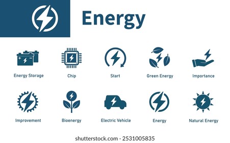 Energy icon. Set of symbol on the theme of electricity, power, lightning, green energy, battery. Solid vector icons.