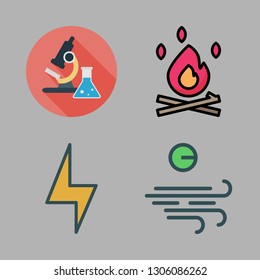 energy icon set. vector set about science, bonfire, wind and light bolt icons set.