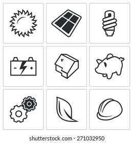 Energy icon: sun panel lamp, battery, house, piggy, mechanism, bio, helmet. Vector Illustration.