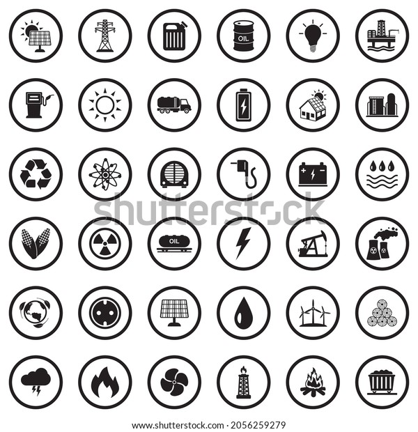 Energy Icons. Black Flat Design In Circle.
Vector Illustration.