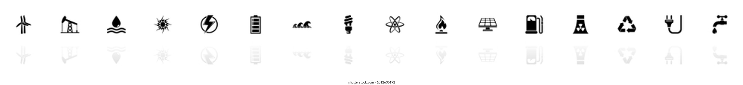 Energy icons - Black horizontal Illustration symbol on White Background with a mirror Shadow reflection. Flat Vector Icon.