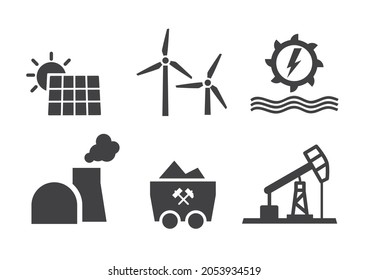 Energy icons collection - solar, hydroelectric power, wind power, nuclear power plant, coal and oil production - vector illustration concept