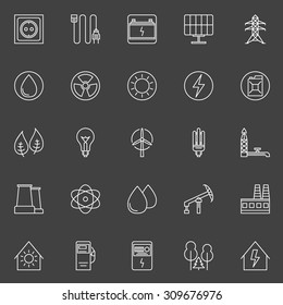 Energy icons collection - vector set of power, energy, electricity thin line symbols on dark background