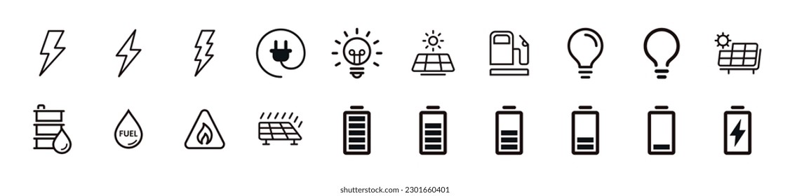 energy icons collection vector solar panel power line art style design