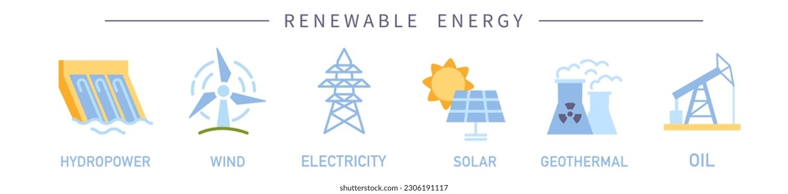 Energy icons infographic set. Hydropower, wind mill, solar panel, geothermal, oil and electricity. Sustainable lifestyle and alternative energy sources. Cartoon flat vector collection