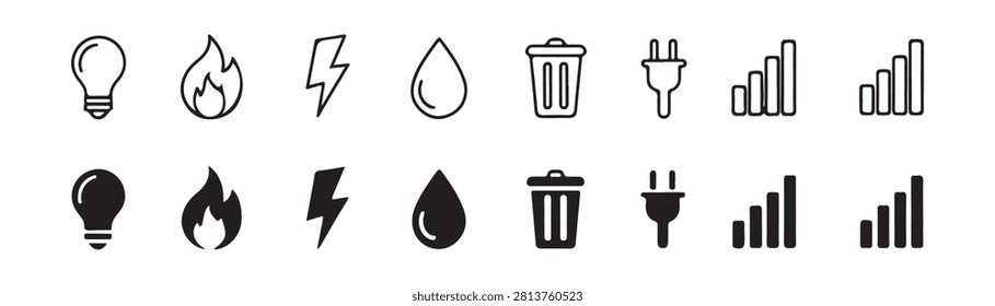 Energy icons light bulb fire lightning drop trash plug bar graph power symbol.