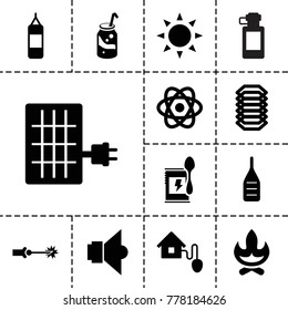 Energy icons. set of 13 editable filled energy icons such as sun, bonfire, soda, boxing bag, atom, smart home, lamp, electric circuit, solar panel, bottle for fitness