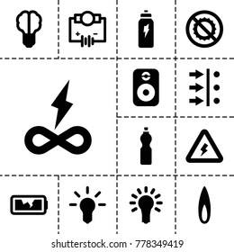 Energy icons. set of 13 editable filled energy icons such as electricity, atom move, brain bulb, endless battery, no brightness, bulb, broken battery, flame, light bulb