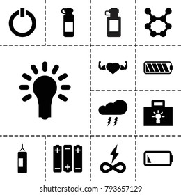 Energy icons. set of 13 editable filled energy icons such as bottle for fitness, heart with muscles, spring rotate, endless battery, bulb, low battery, light bulb, switch off