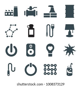 Energy icons. set of 16 editable filled energy icons such as factory, pump, table lamp, soda, barrel, bulb heart, wire, speaker, switch off, electric circuit, sun