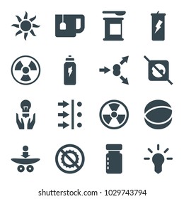 Energy icons. set of 16 editable filled energy icons such as bottle for fitness, protein powder, atom move, radiation, no plug, no brightness, bulb, atom, energetic drink, sun
