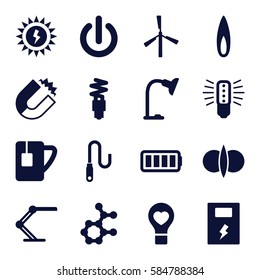 energy icons set. Set of 16 energy filled icons such as mill, bulb heart, tea cup, table lamp, wire, ful battery, flame, fluorescent lamp, battery, sun battery, switch off
