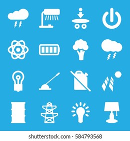 energy icons set. Set of 16 energy filled icons such as cauliflower, bulb, pylon, barrel, arm lever, ful battery, light bulb, thunderstorm, switch off, atom, solar panel
