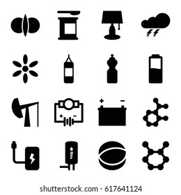 Energy icons set. set of 16 energy filled icons such as thunder, sun, atom, geyser, battery, oil derrick, atom fusion, spring rotate, Electricity, table lamp, boxing bag