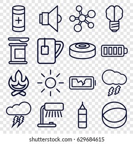 Energy Icons Set. Set Of 16 Energy Outline Icons Such As Baterry, Tea Cup, Atom, Battery, Broken Battery, Lamp, Thunderstorm, Sun, Smoke Bomb, Table Lamp, Brain Bulb