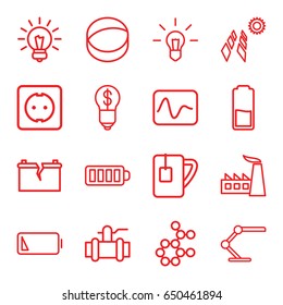 Energy icons set. set of 16 energy outline icons such as factory, pump, baterry, tea cup, atom, table lamp, low battery, plug socket, broken battery, bulb, battery
