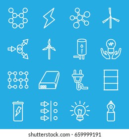 Energy icons set. set of 16 energy outline icons such as mill, barrel, battery, plug, geyser, flash, bulb, electric circuit, atom move, atom, spring rotate, fitness bottle