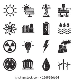 Energy Icons. Set 2. Black Scribble Design. Vector Illustration.