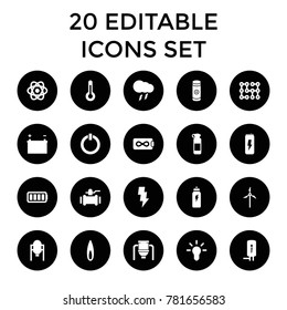 Energy icons. set of 20 editable filled energy icons such as tank, pump, bottle for fitness, atom, endless battery, bulb. best quality energy elements in trendy style.