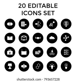 Energy icons. set of 20 editable filled energy icons such as electricity, table lamp, heart with muscles, atom fusion, atom move. best quality energy elements in trendy style.