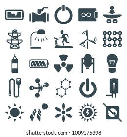 Energy icons. set of 25 editable filled energy icons such as sun, tank, pylon, boxing bag, solar panel, no plug, wire, broken battery, geyser, switch off, mill, battery