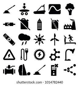 Energy icons. set of 25 editable filled energy icons such as cauliflower, treadmill, factory, pump, fitness bottle, atom, mill, no oil, electricity, arm lever