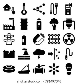 Energy icons. set of 25 editable filled energy icons such as cauliflower, factory, sun, pump, magnet, treadmill, radiation, no charge, wire, smart home, temperature