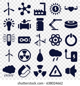 Energy icons set. set of 25 energy filled icons such as sun, mill, pump, heart with muscles, table lamp, light bulb, lamp, thunderstorm, switch off, voltage warning, battery