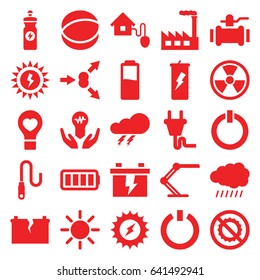 Energy icons set. set of 25 energy filled icons such as sun, thunder, battery, pump, no brightness, bulb heart, atom, table lamp, wire, ful battery, smart home, plug
