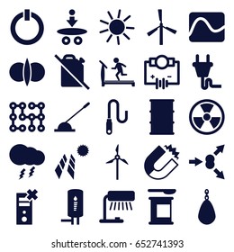 Energy icons set. set of 25 energy filled icons such as mill, sun, treadmill, barrel, arm lever, wire, plug, geyser, thunderstorm, switch off, electric circuit, atom fusion