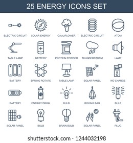 energy icons. Set of 25 outline energy icons included electric circuit, solar energy, cauliflower, atom, table lamp on white background. Editable energy icons for web, mobile and infographics.