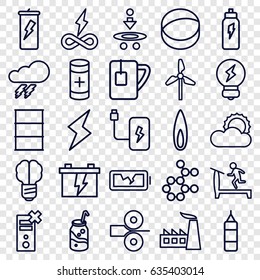 Energy icons set. set of 25 energy outline icons such as thunder, treadmill, factory, battery, soda, barrel, sun, tea cup, atom, broken battery, flame, flash, bulb