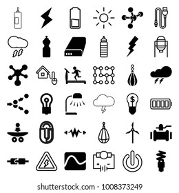 Energy icons. set of 36 editable filled and outline energy icons such as thunder, treadmill, flash, bulb, pump, fitness bottle, electricity, plug in power socket, battery