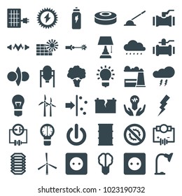 Energy icons. set of 36 editable filled energy icons such as tank, plug socket, flash, pump, electricity, barrel, brain bulb, bulb in hand, table lamp, broken battery