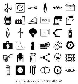 Energy icons. set of 36 editable filled and outline energy icons such as tank, plug socket, table lamp, wire, flame, mill, electric circuit, cauliflower, bottle for fitness