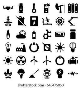 Energy icons set. set of 36 energy filled icons such as sun, cauliflower, mill, treadmill, factory, pylon, pump, heart with muscles, arm lever, battery, table lamp