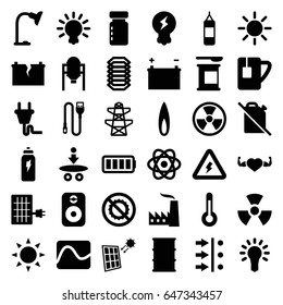 Energy icons set. set of 36 energy filled icons such as sun, tank, pylon, barrel, heart with muscles, no brightness, tea cup, table lamp, wire, ful battery, plug, flame