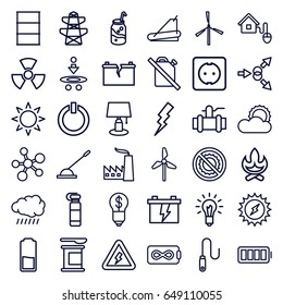 Energy icons set. set of 36 energy outline icons such as sun, mill, flash, battery, pylon, pump, soda, barrel, treadmill, no brightness, arm lever, wire, ful battery