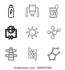 Energy icons. set of 9 editable outline energy icons such as energetic drink, tank, sun, pylon, electricity, protein powder, atom